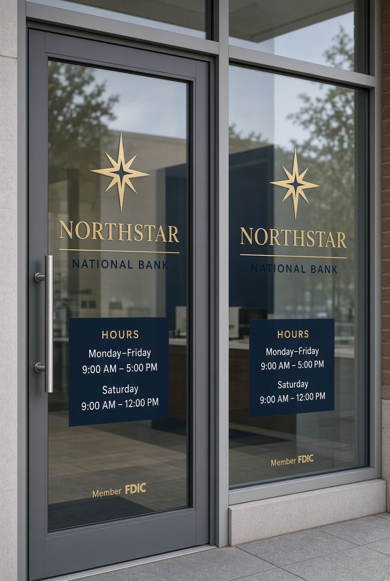Branch entrance showing Northstar National Bank hours